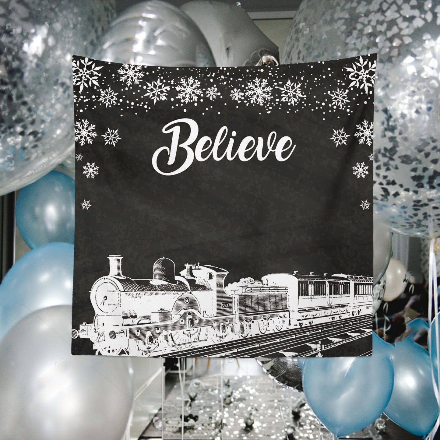 Believe Christmas Train Backdrop, Holiday Photo Booth (Printed or Printable File)