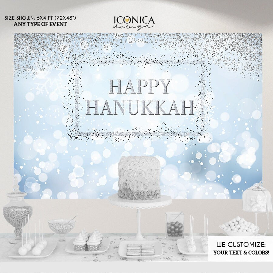 Hanukkah Photo Booth Backdrop, Blue Bokeh Design
