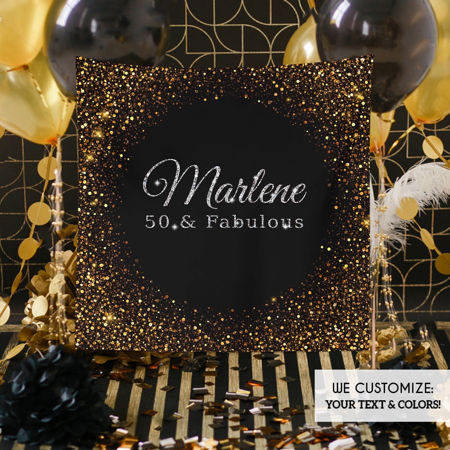 50th Birthday Backdrop, Personalized Photo Booth, Black and Gold (Printed or Printable File)