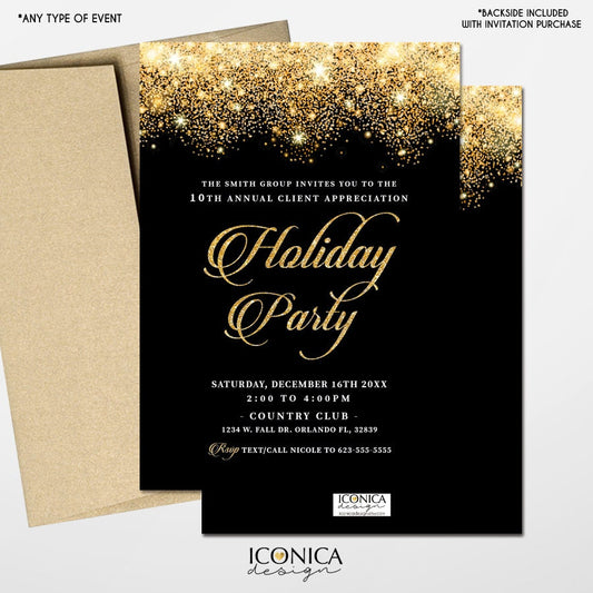 Black and Gold Holiday Party Invitations, Sparkle New Year Eve Cards