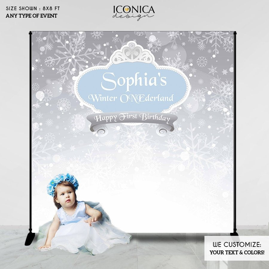Winter ONEderland Backdrop, Blue Silver Snowflakes, First Birthday