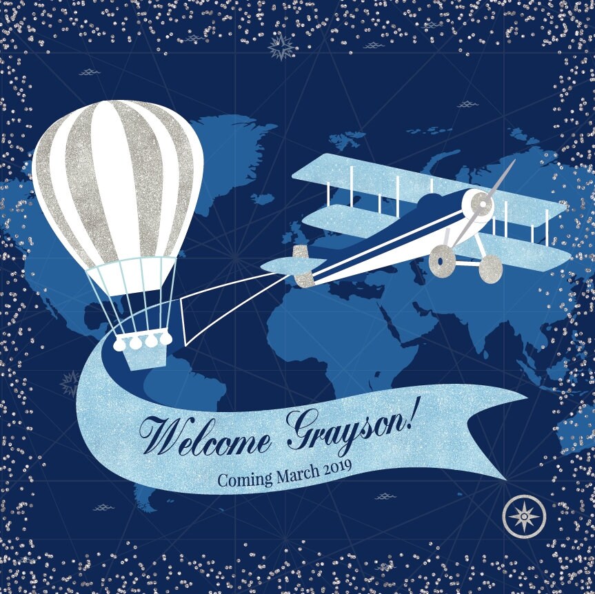 Hot Air Balloon Airplane Baby Shower Backdrop, Travel Theme (Printed or Printable File)