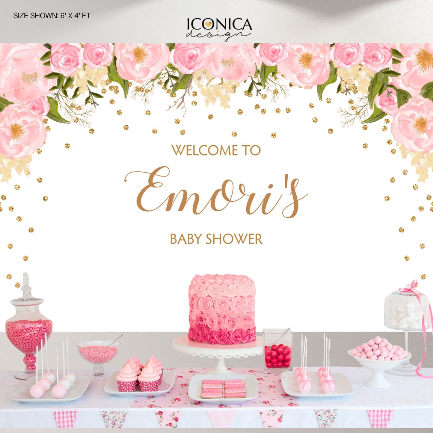 Floral Baby Shower Backdrop, Watercolor Flowers, Printed Fabric Banner
