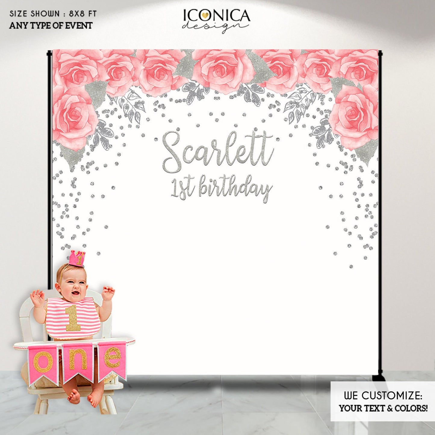 Pink Floral Baby Shower Backdrop, Silver Glitter Decor