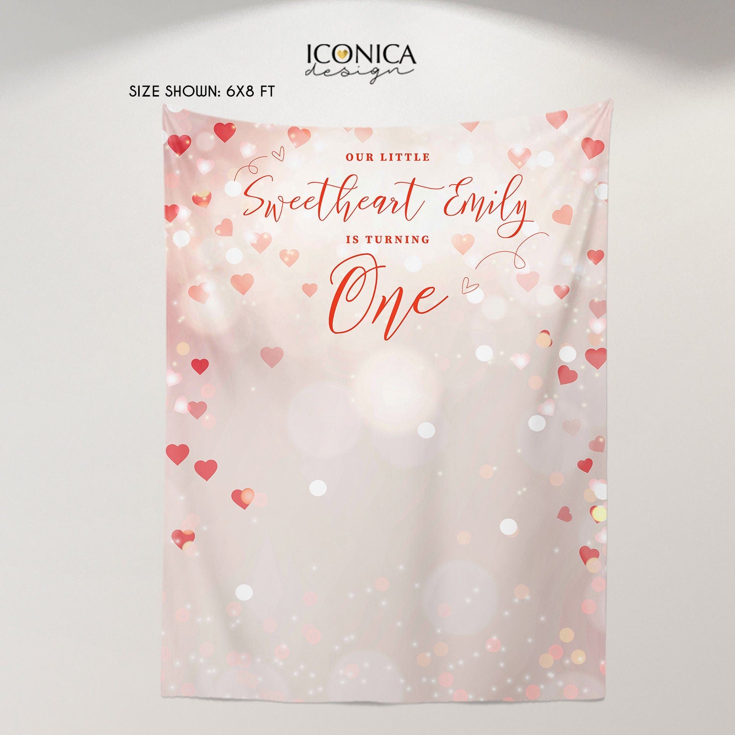 Sweetheart First Birthday Backdrop, Hearts Bokeh (Digital or Printed)
