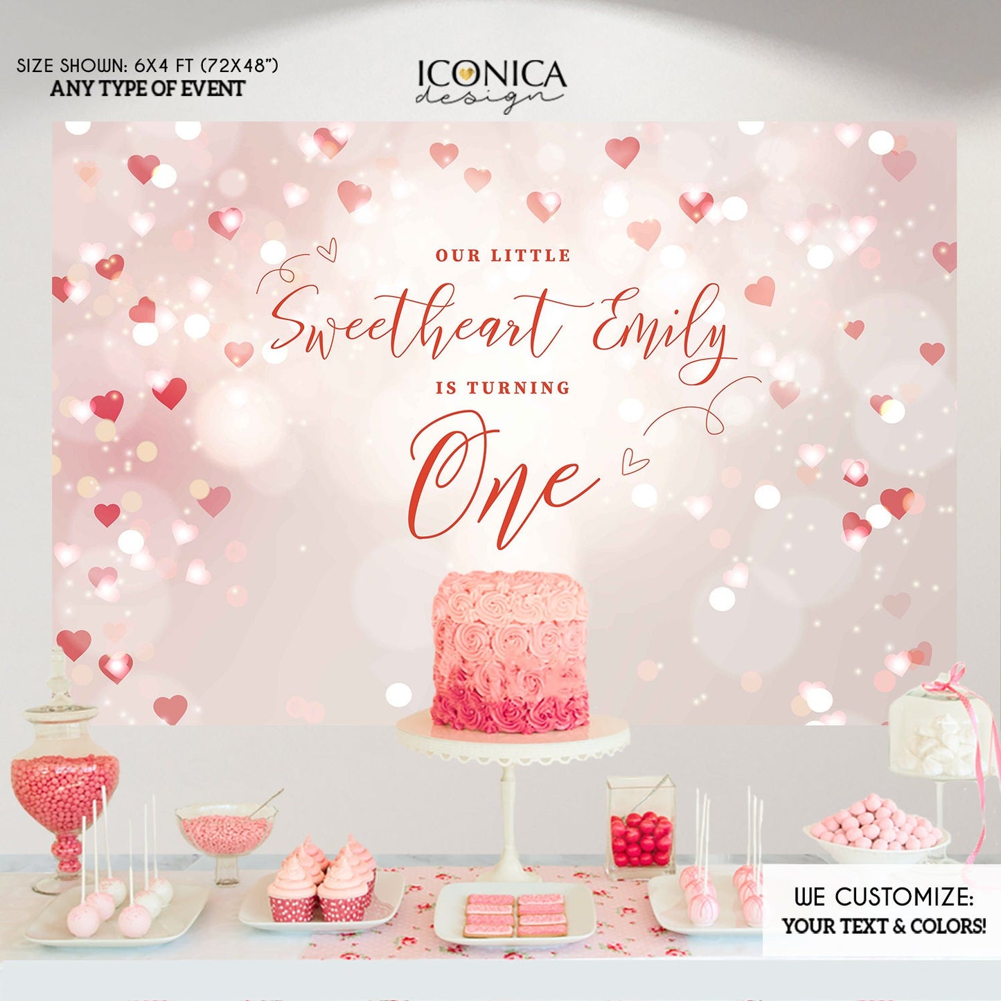 Sweetheart First Birthday Backdrop, Hearts Bokeh (Digital or Printed)