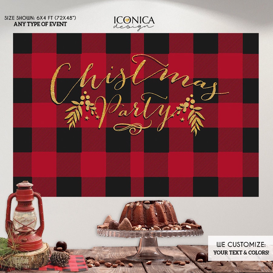 Christmas Party Backdrop, Red Navy Buffalo Plaid, Lumberjack Theme