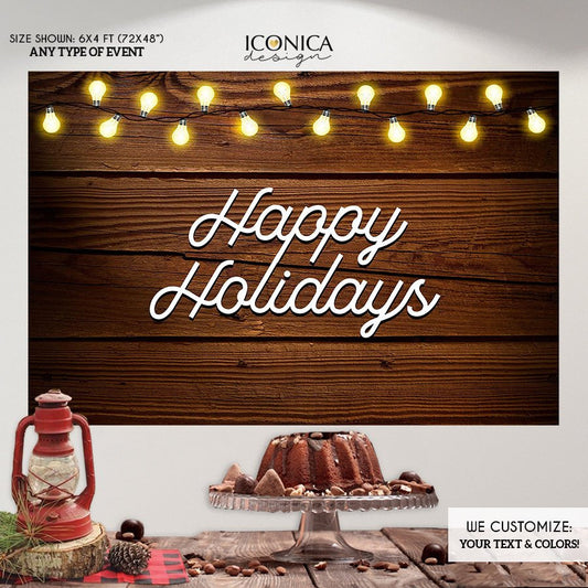 Rustic Holiday Photo Backdrop, Festive Wood Lights Banner (Printed or Printable File)