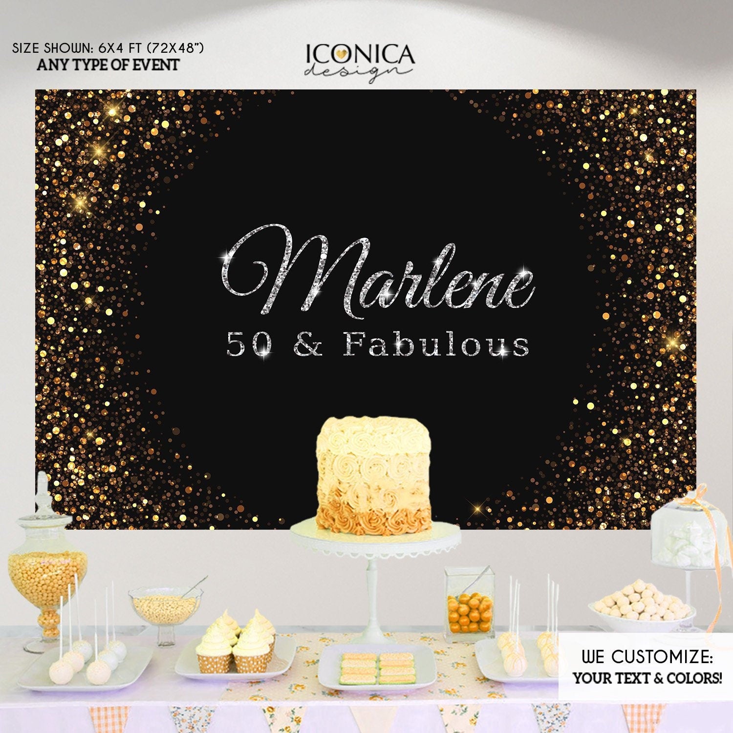 50th Birthday Backdrop, Personalized Photo Booth, Black and Gold (Printed or Printable File)