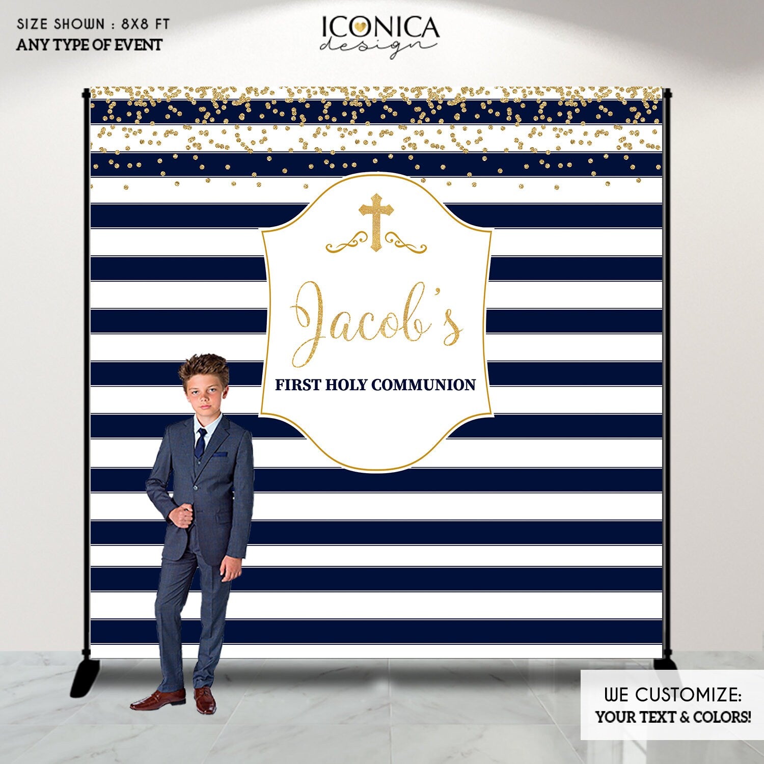 Burgundy Gold First Communion Backdrop, Striped Photo Booth (Printed or Printable File)