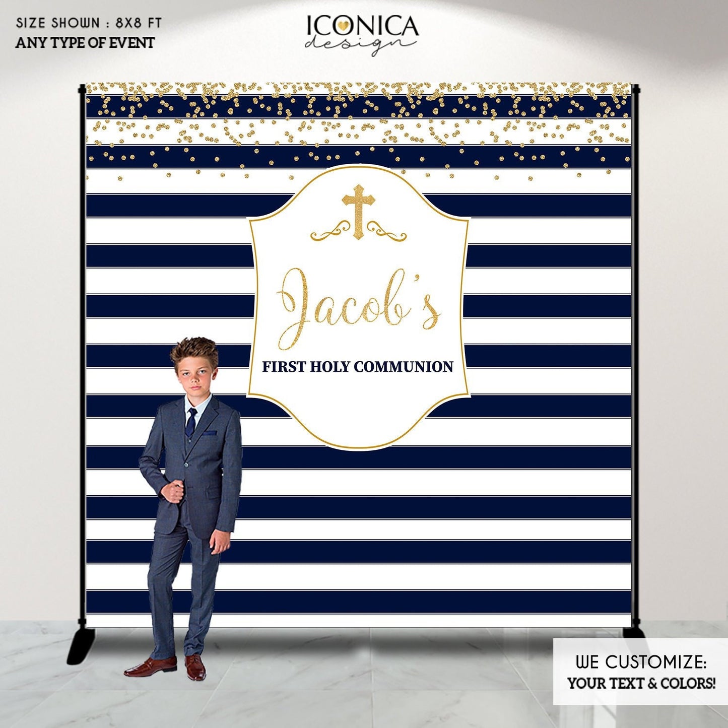 First Communion Photo Booth Backdrop, Blue Gold Stripes, Personalized (Printed or Printable File)