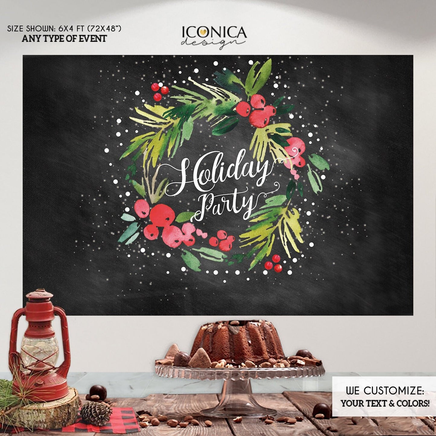 Holiday Party Backdrop, Christmas Party backdrop, Cheers Backdrop, any wording, Holiday Banner, Printed or Digital Download BHO0032