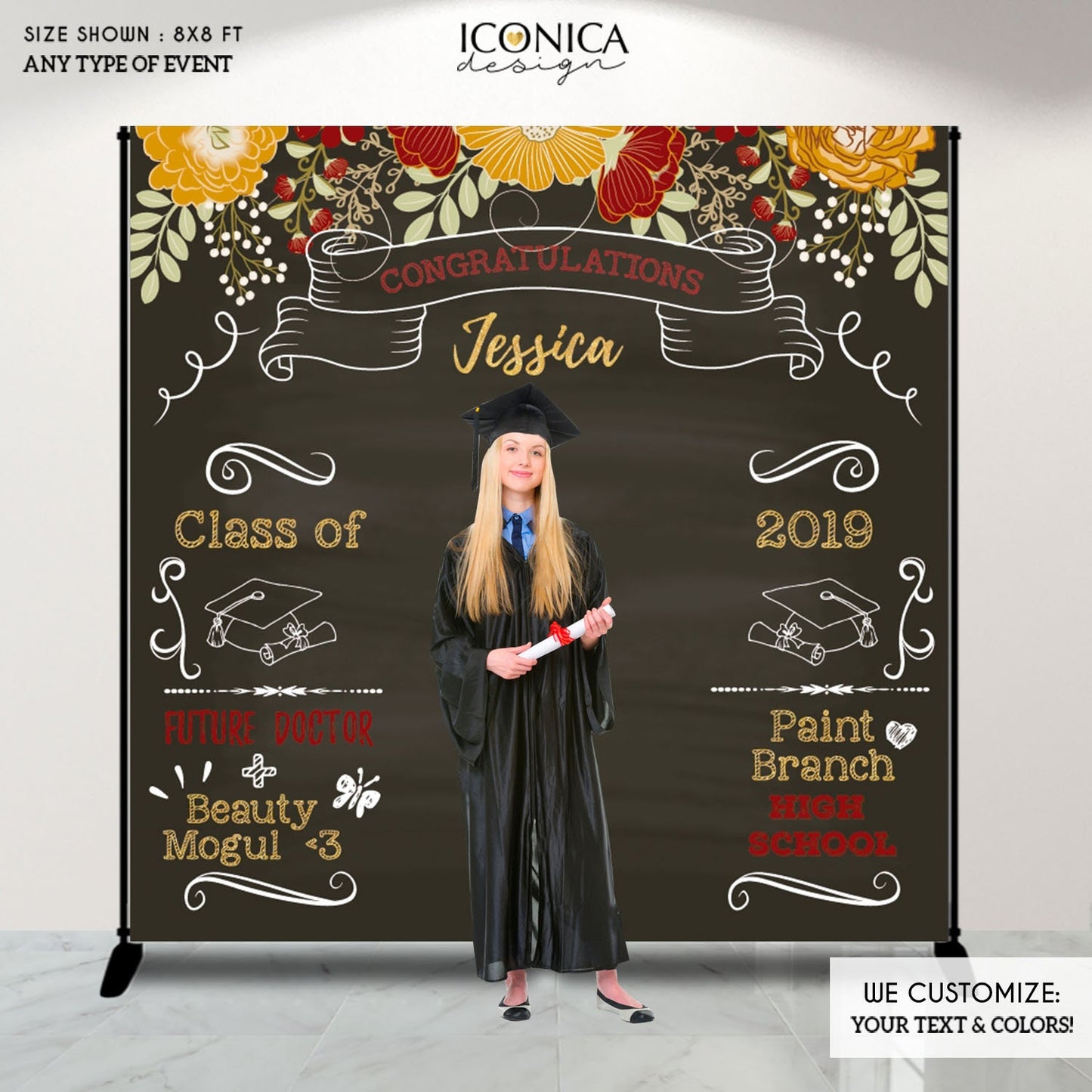 Floral Graduation Photo Booth Backdrop, Personalized Step and Repeat Banner