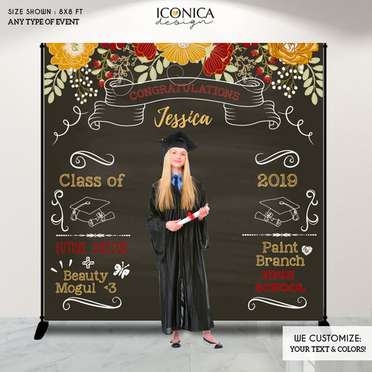 Floral Graduation Photo Booth Backdrop, Personalized Step and Repeat Banner