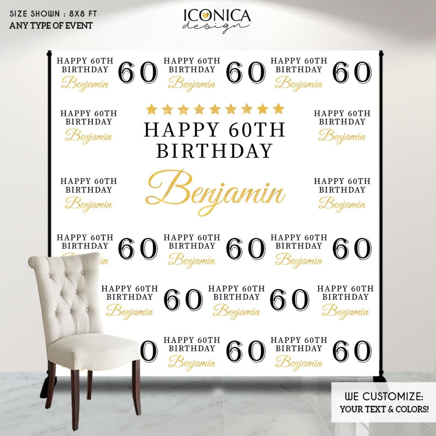 Personalized 60th Birthday Backdrop, Black and Gold Decor (Printed or File)