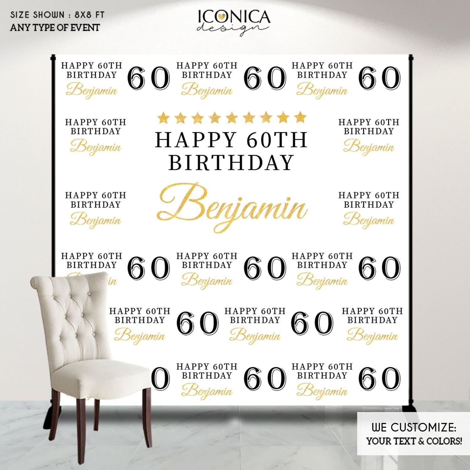 Personalized 60th Birthday Backdrop, Black and Gold Decor (Printed or File)