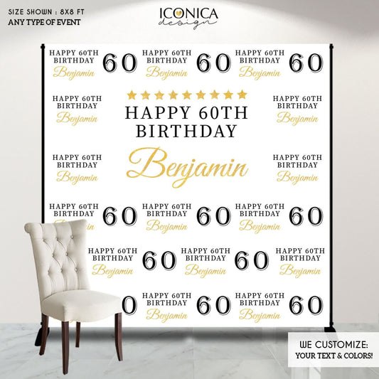 Personalized 60th Birthday Backdrop, Black and Gold Decor (Printed or File)