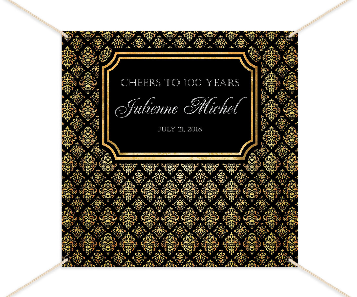 Black & Gold Damask 40th Birthday Backdrop – Elegant Party Banner
