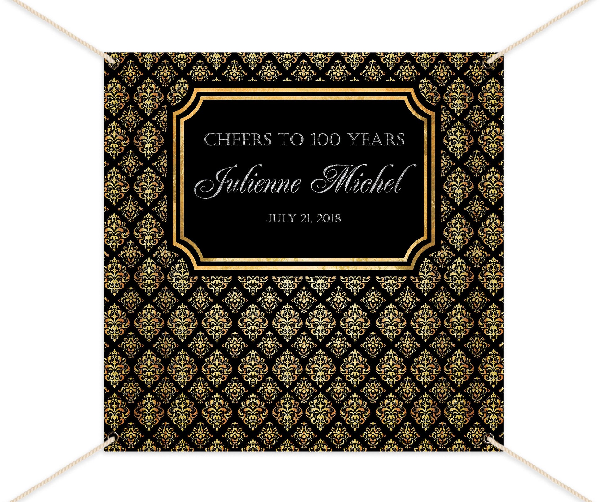 Black & Gold Damask 40th Birthday Backdrop – Elegant Party Banner