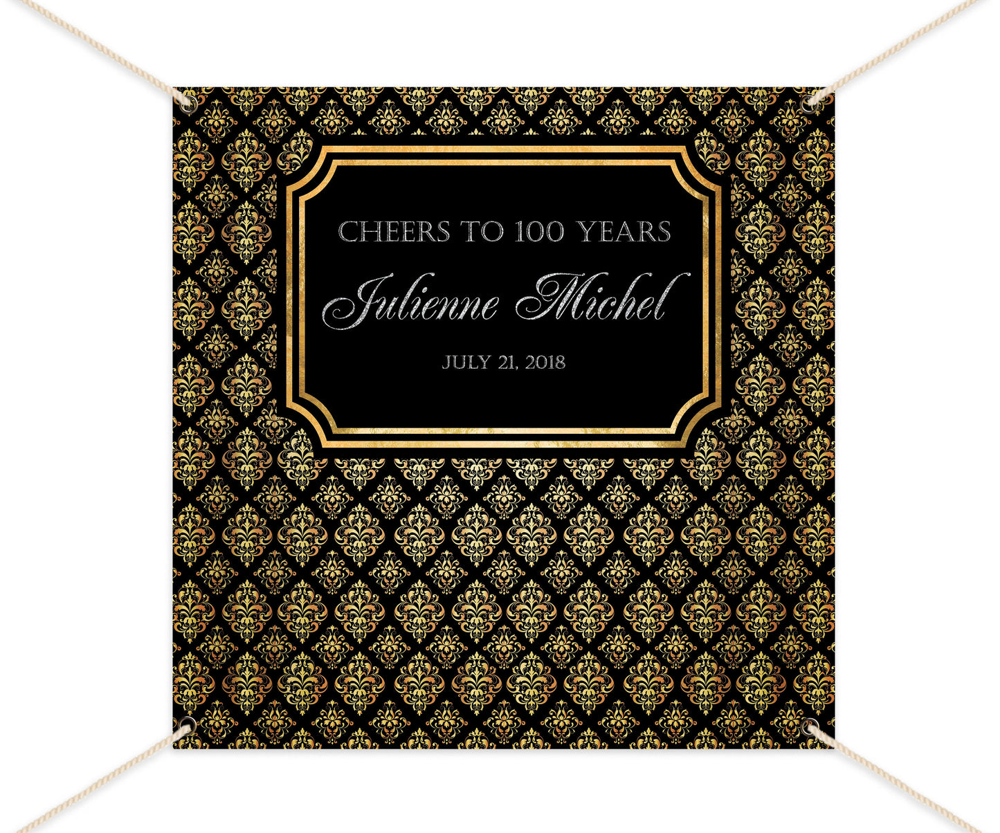 50th Birthday Backdrop – Black and Gold Damask, Elegant Party Banner