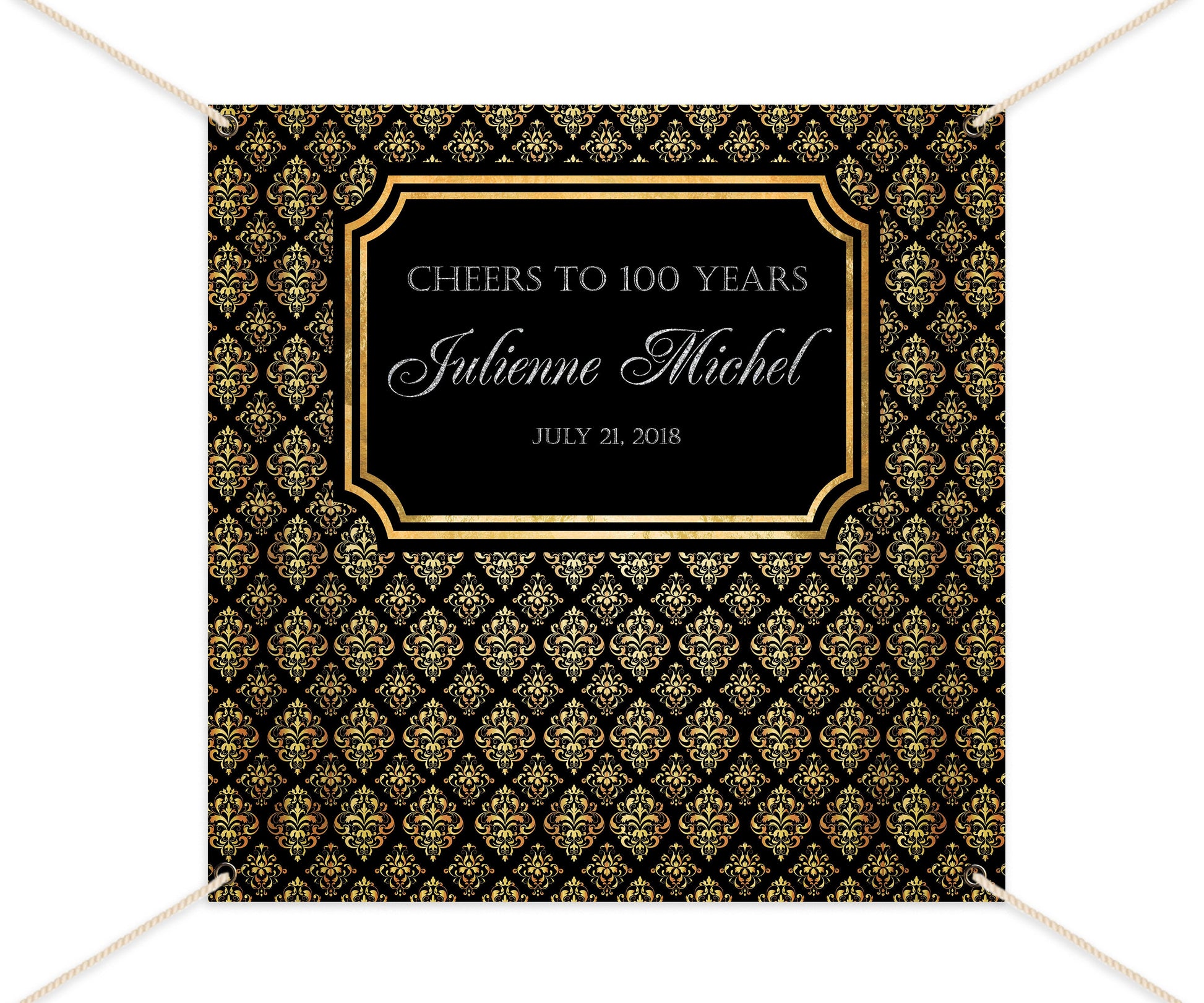 50th Birthday Backdrop – Black and Gold Damask, Elegant Party Banner