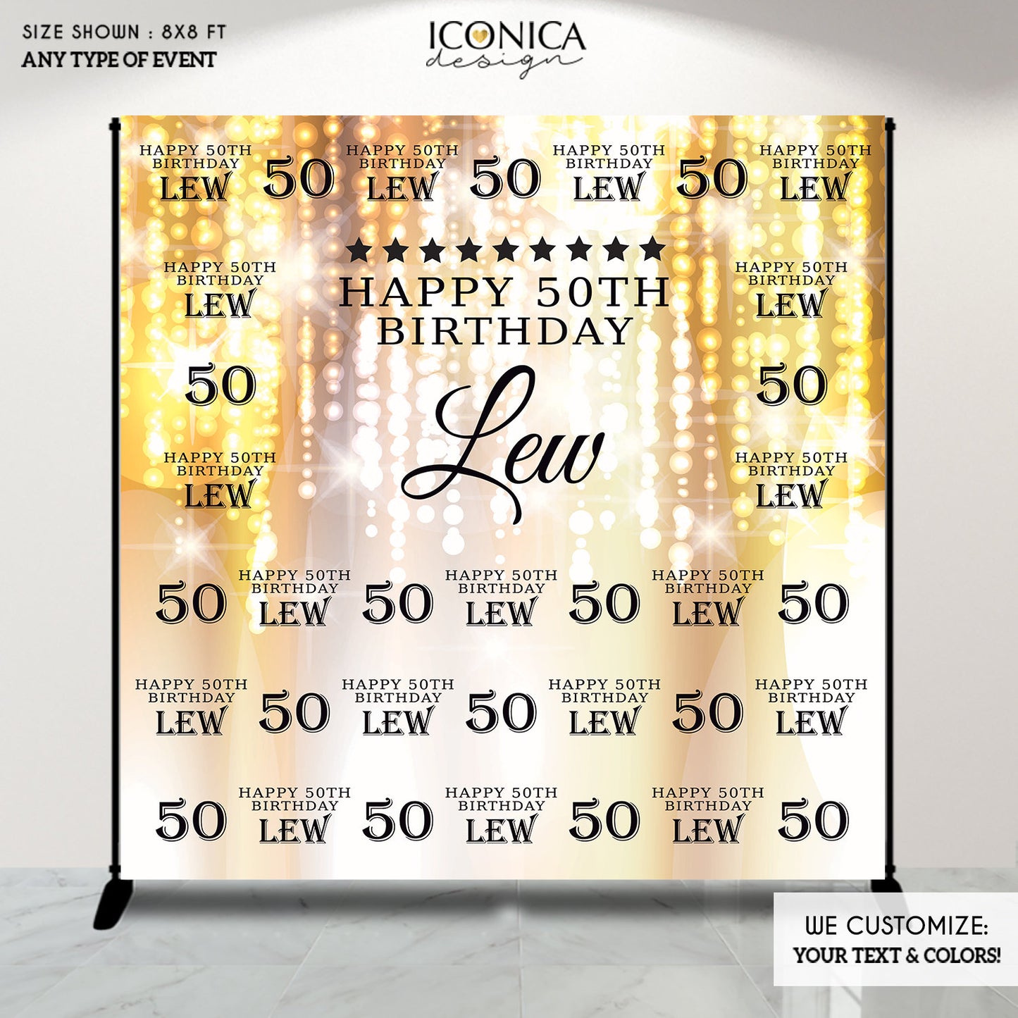 50th Birthday Backdrop, Gold Sparkle Party Banner