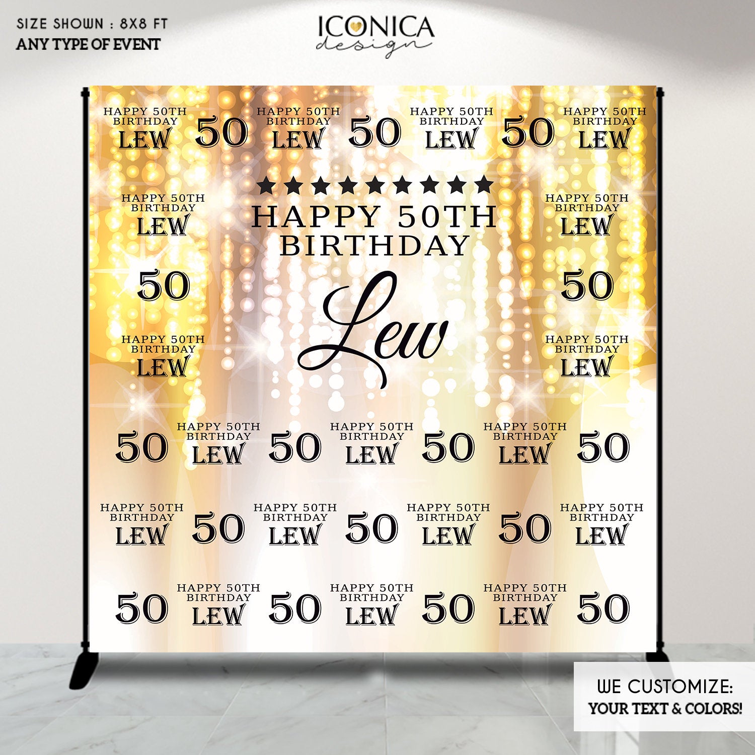 50th Birthday Backdrop, Gold Sparkle Party Banner