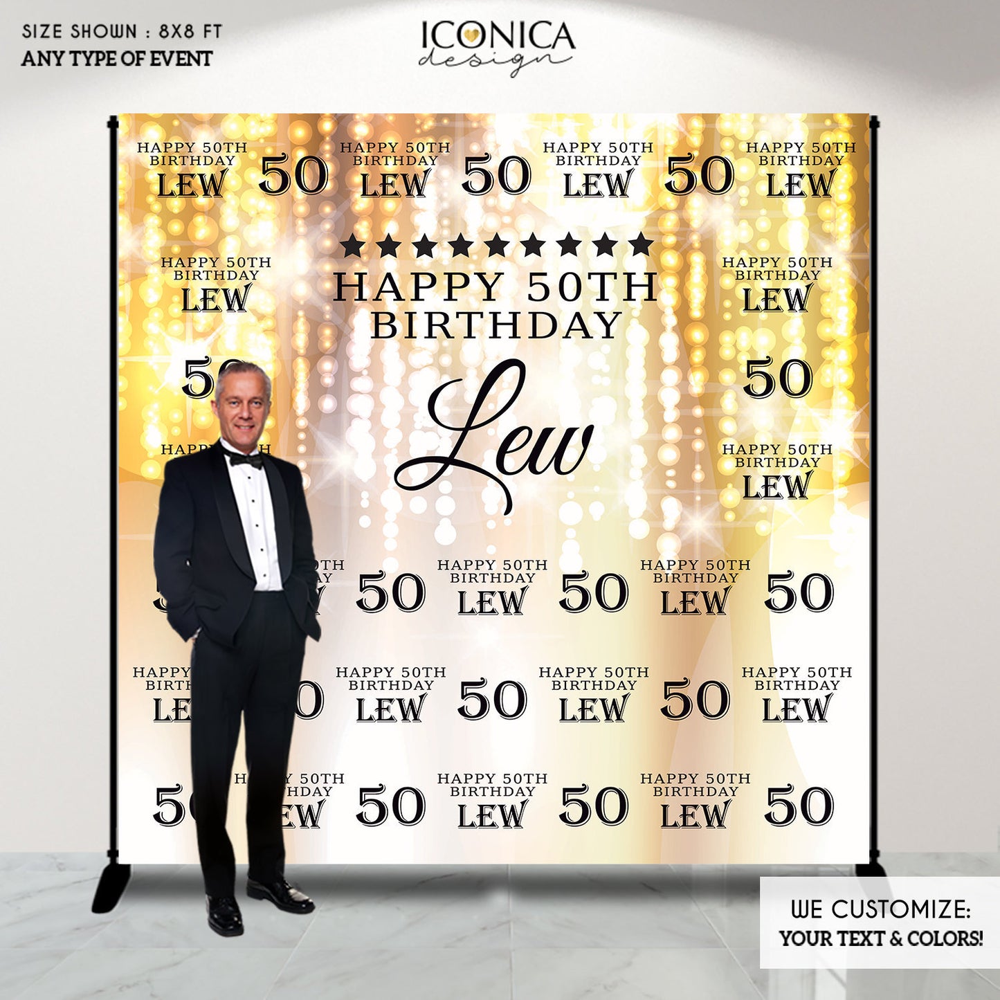 50th Birthday Backdrop, Gold Sparkle Party Banner
