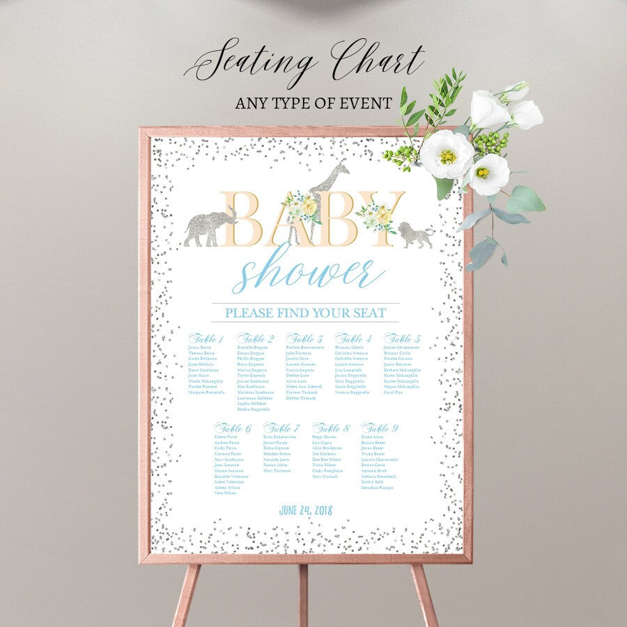 Safari Baby Shower Seating Chart, Jungle Animals Guest List (Printed or Template)