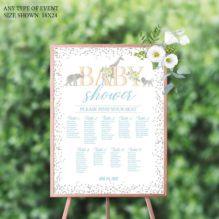 Safari Baby Shower Seating Chart, Jungle Animals Guest List (Printed or Template)