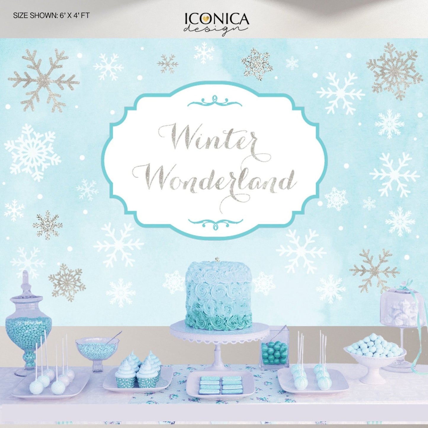 Winter Wonderland Party Backdrop – Blue, Silver, and Glitter Snowflakes (Printed or Printable)