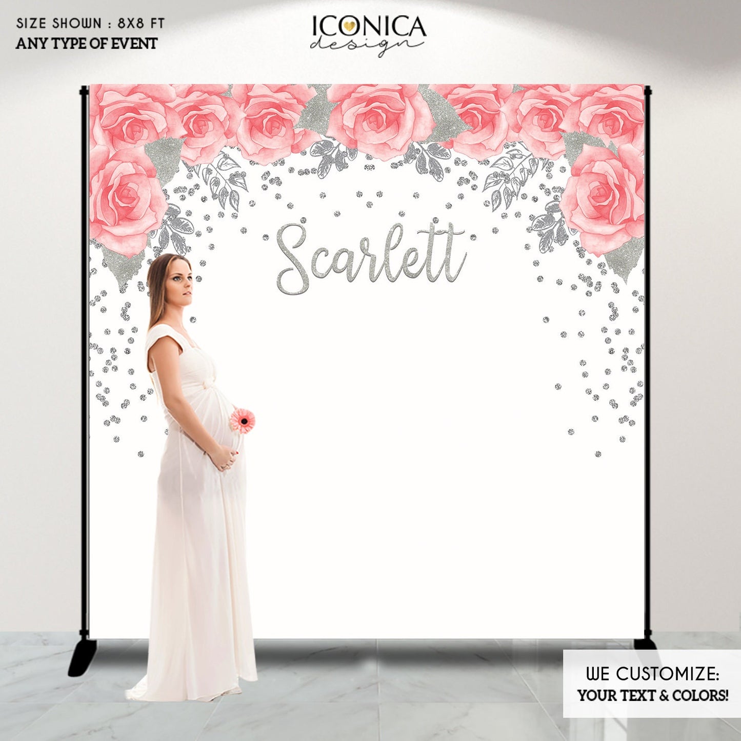 Pink Floral Baby Shower Backdrop, Silver Glitter Decor