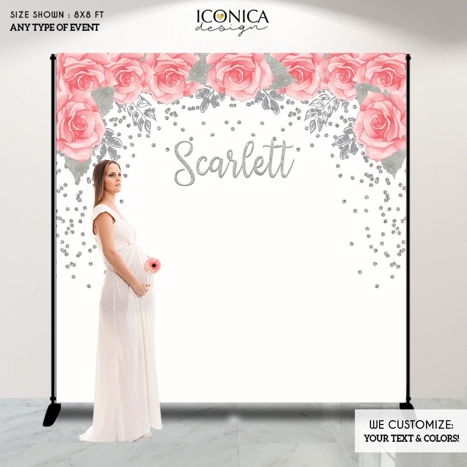 Pink Floral Baby Shower Backdrop, Silver Glitter Decor