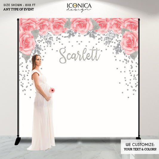 Pink Floral Baby Shower Backdrop, Silver Glitter Decor
