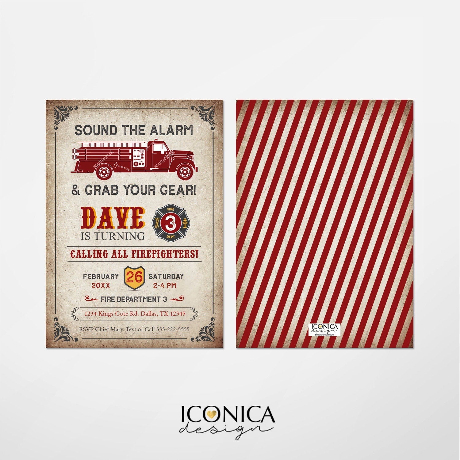 Vintage Firetruck Birthday Invitations, Firefighter Party (Printed or Printable File)