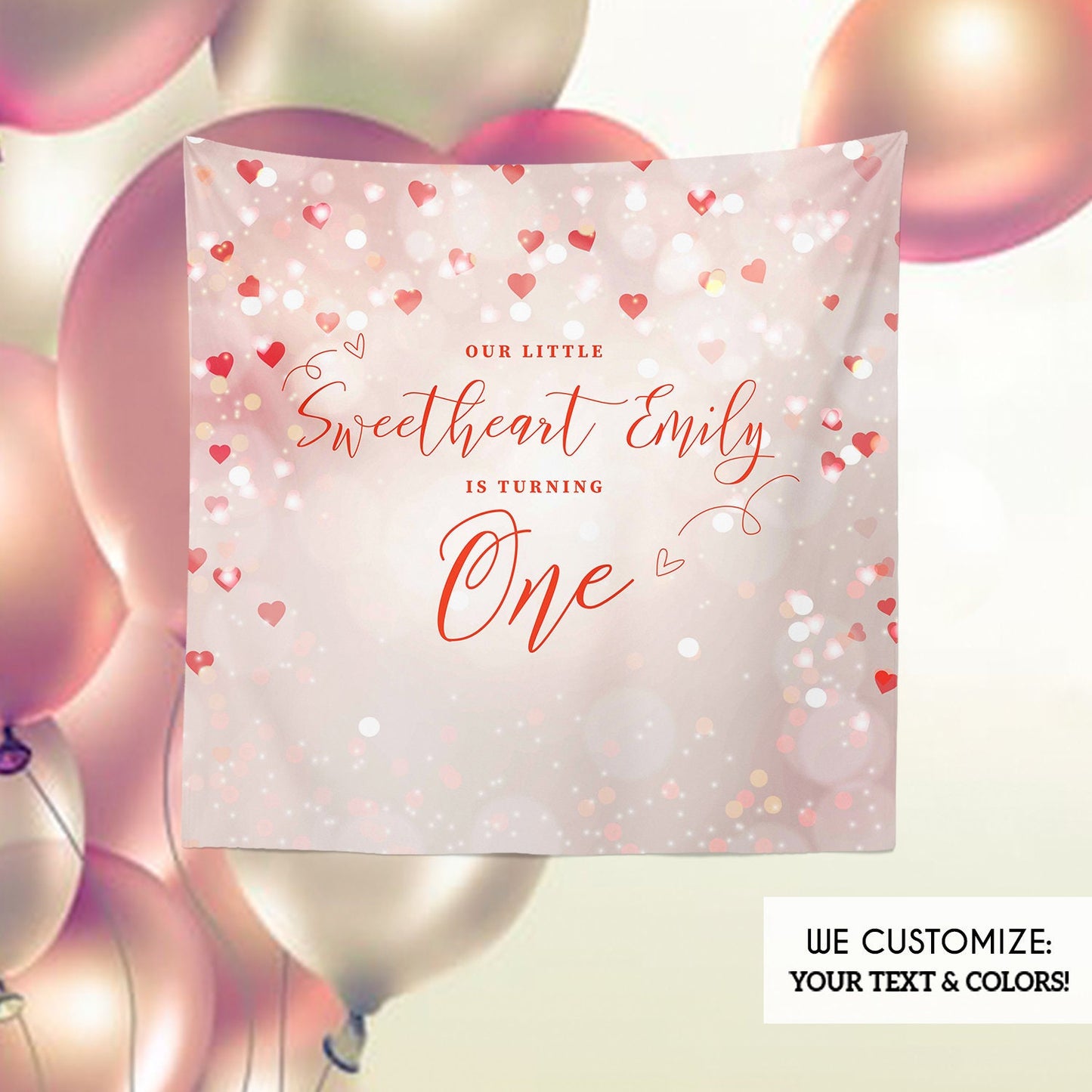 First Birthday Backdrop, Sweetheart Theme, Hearts Bokeh