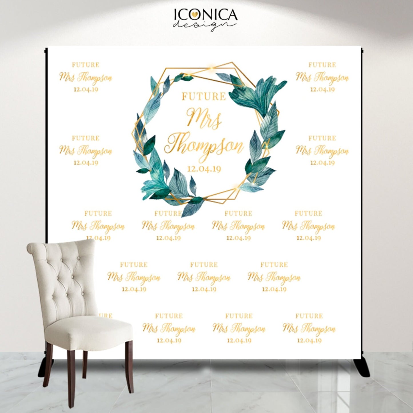 Personalized Greenery Bachelorette Backdrop, Gold Geometric Wreath