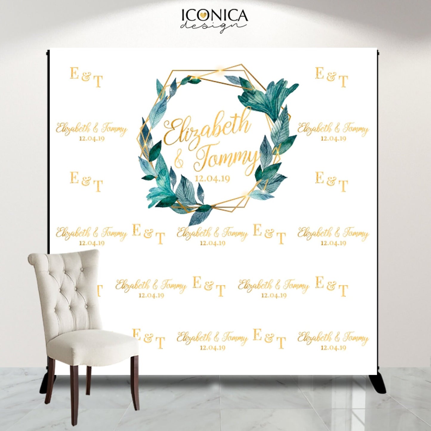 Personalized Greenery Bachelorette Backdrop, Gold Geometric Wreath