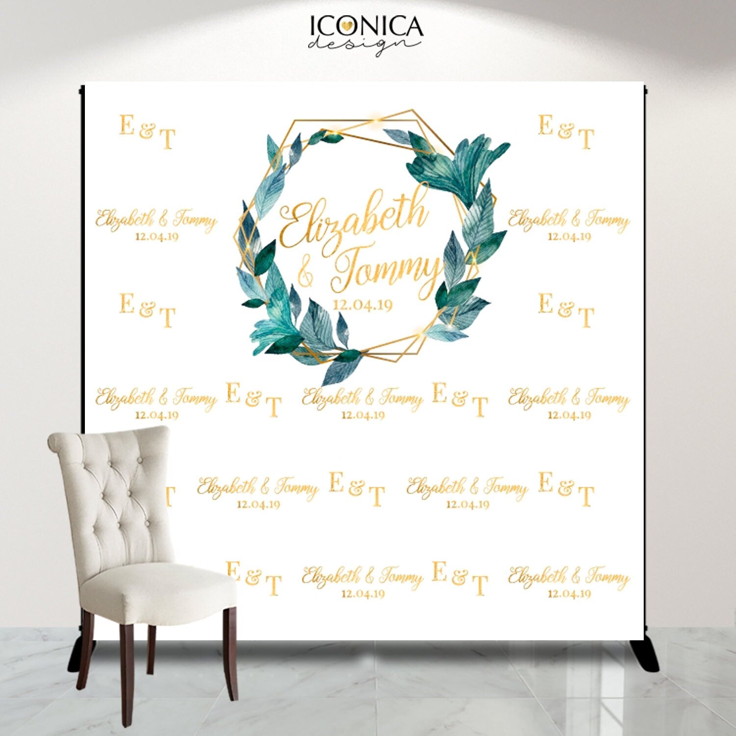 Personalized Greenery Bachelorette Backdrop, Gold Geometric Wreath