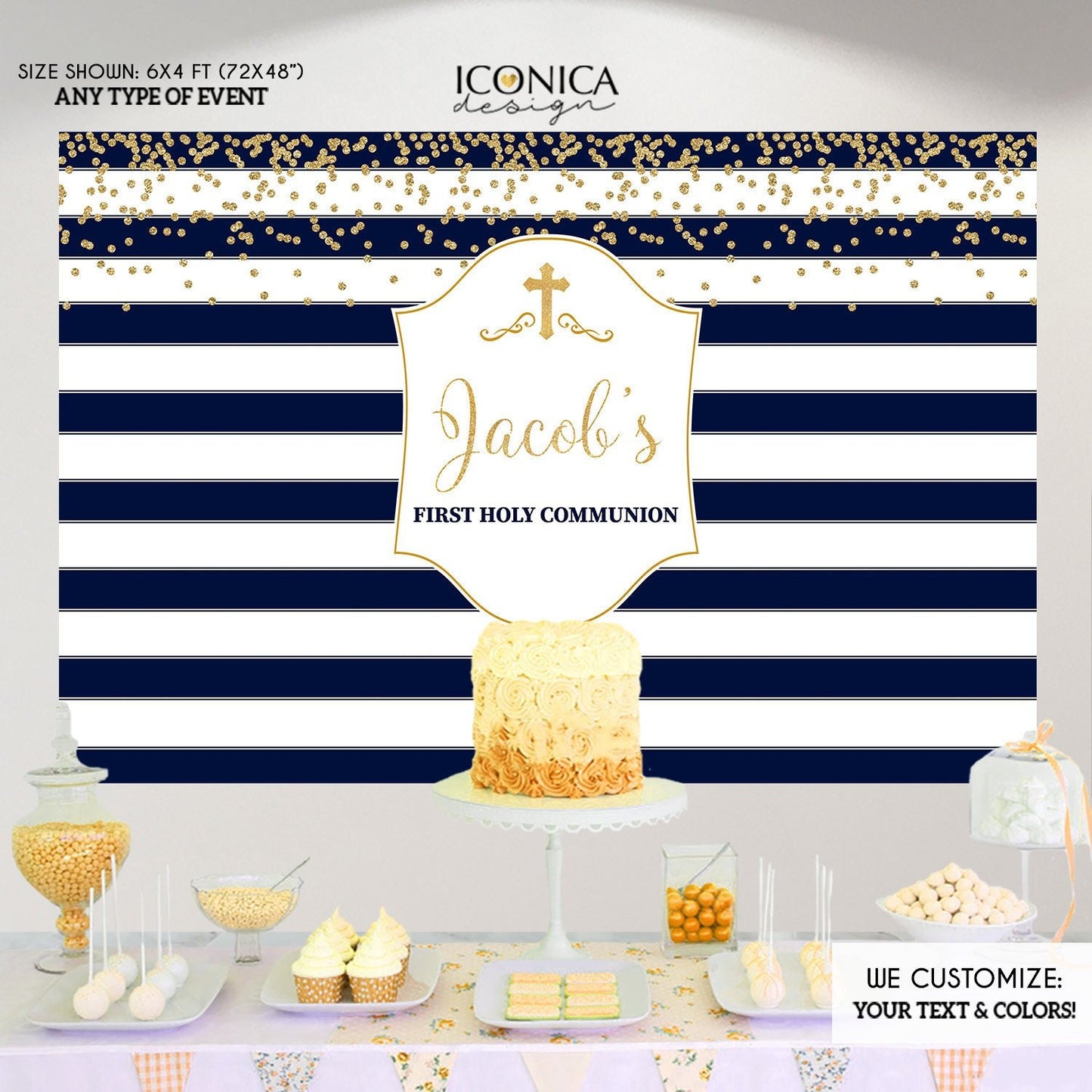Burgundy Gold First Communion Backdrop, Striped Photo Booth (Printed or Printable File)