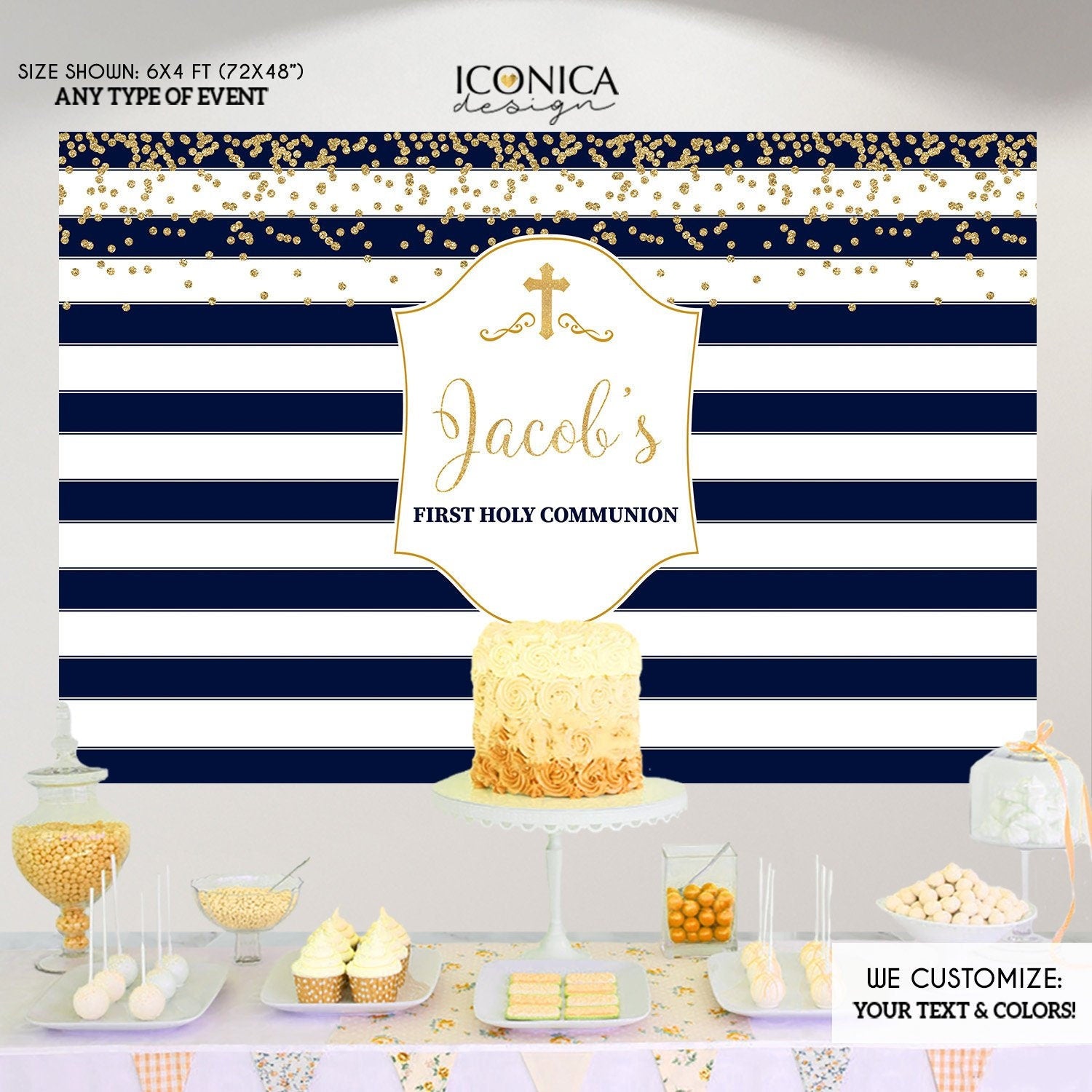 Burgundy Gold First Communion Backdrop, Striped Photo Booth (Printed or Printable File)