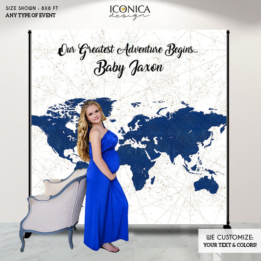 Travel Theme Baby Shower Backdrop, Blue Glitter World Map