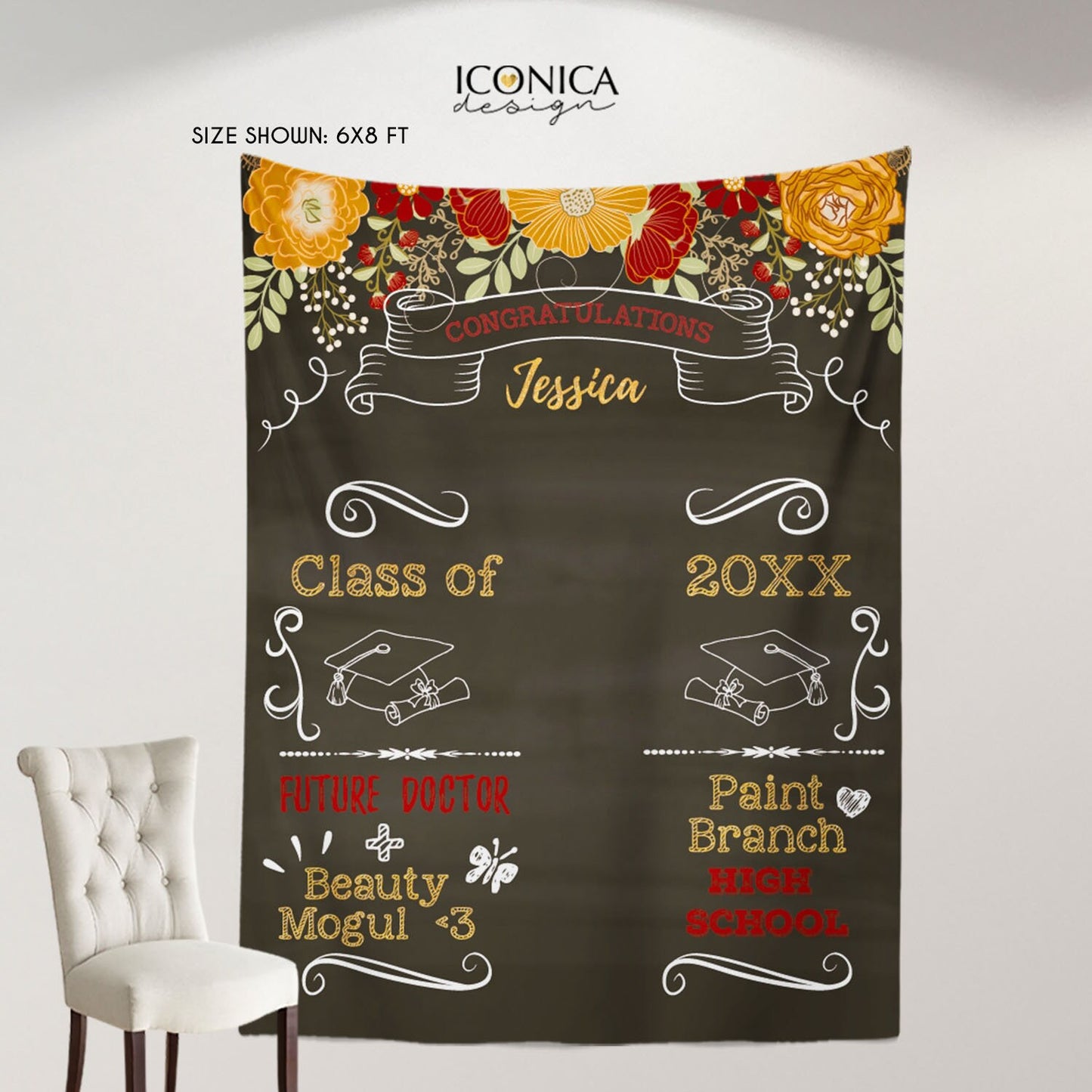 Floral Graduation Photo Booth Backdrop, Personalized Step and Repeat Banner