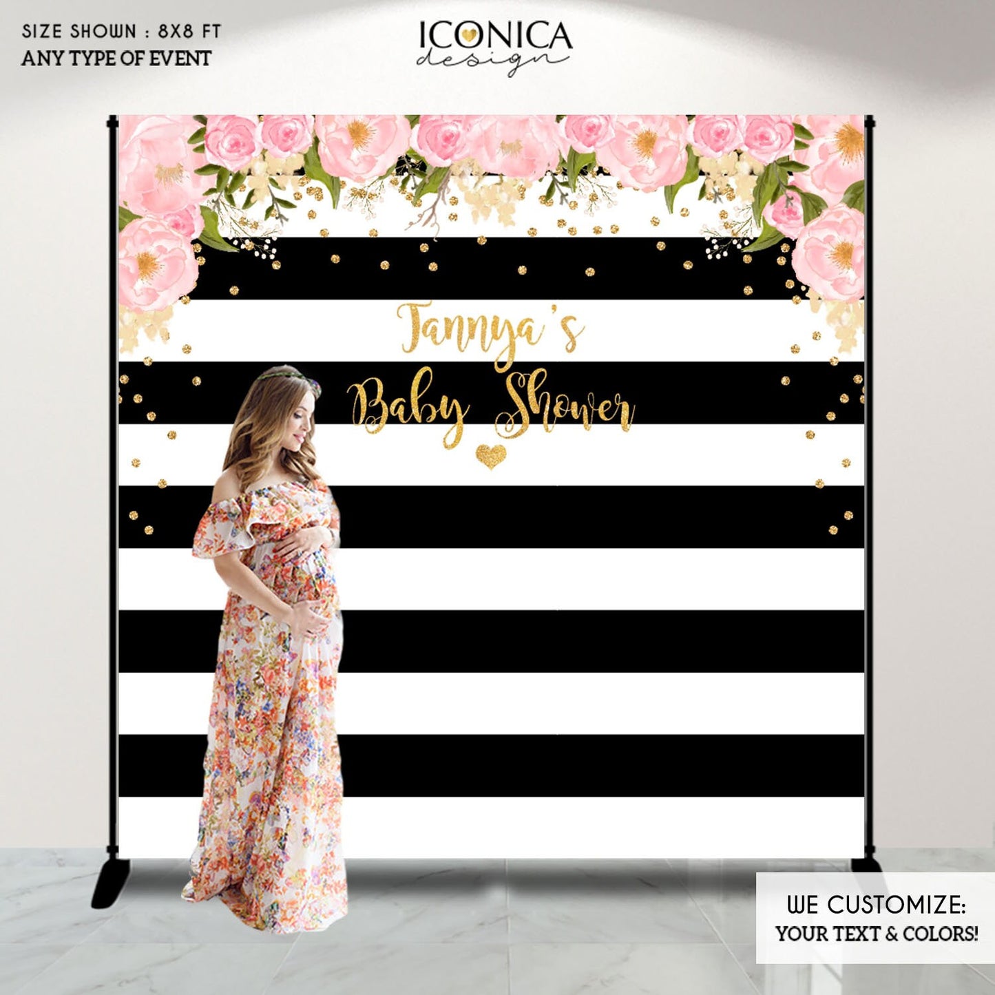 Floral Baby Shower Backdrop, Black and White Stripes, Gold Confetti (Printed or Printable File)