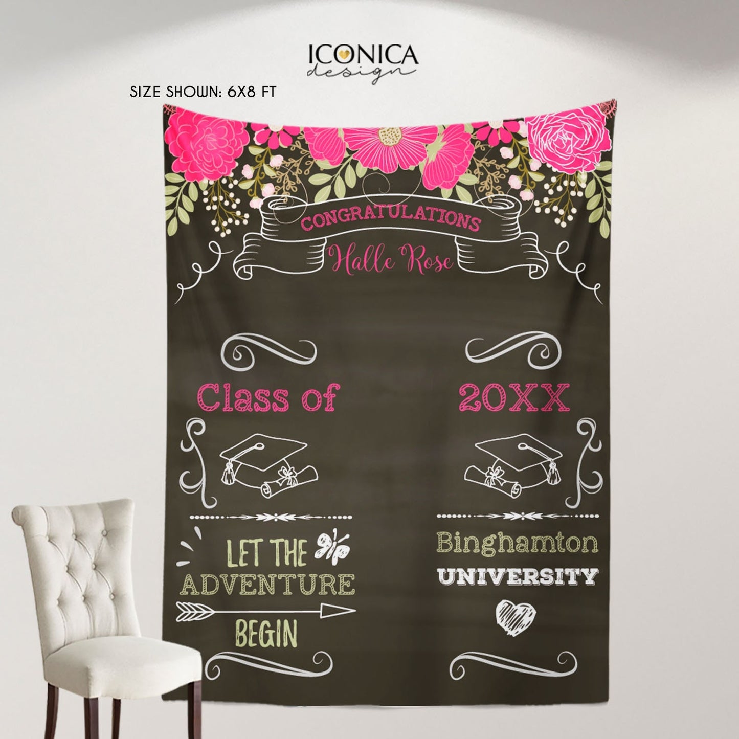 Floral Graduation Photo Booth Backdrop, Personalized Step and Repeat (Printed or Printable File)