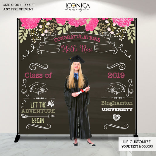 Floral Graduation Photo Booth Backdrop, Personalized Step and Repeat (Printed or Printable File)