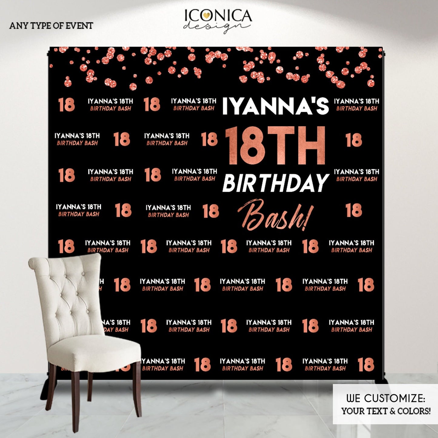 18th Birthday Photo Booth Backdrop, Black and Rose Gold (Printed or Printable File)