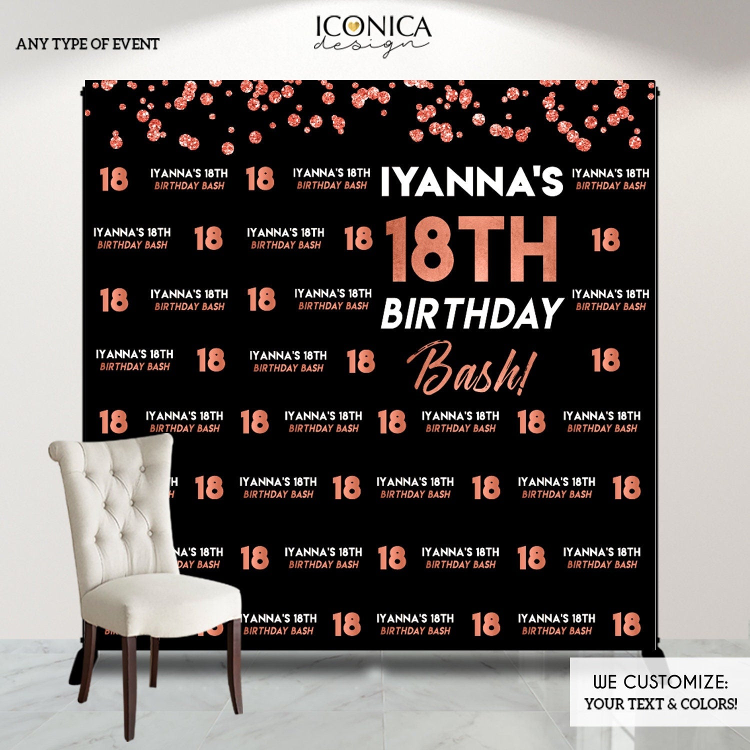 18th Birthday Photo Booth Backdrop, Black and Rose Gold (Printed or Printable File)