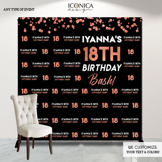 18th Birthday Photo Booth Backdrop, Black and Rose Gold (Printed or Printable File)