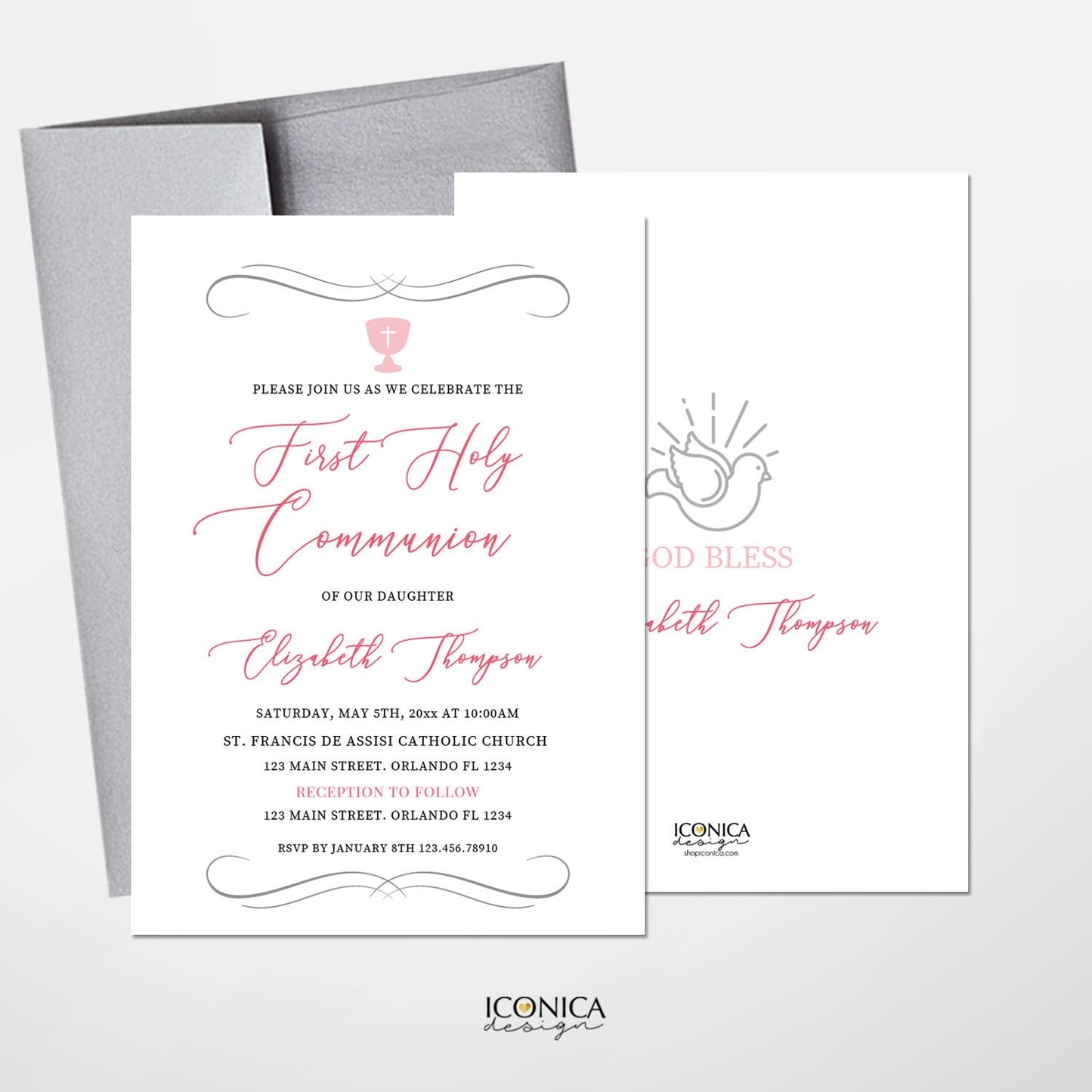 Pink First Communion Invitations, Silver Chalice, Dove, Religious Event